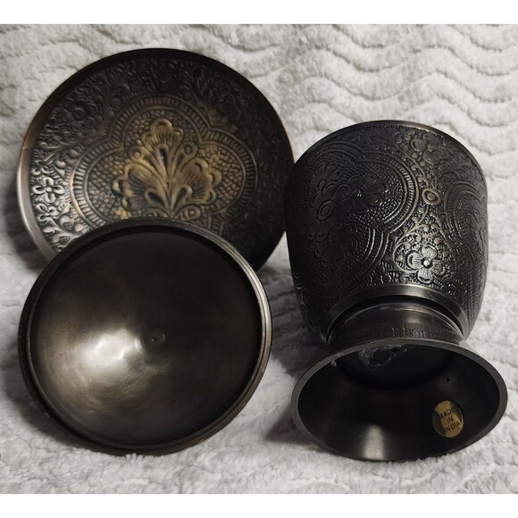 BEAUTIFUL Vintage 3pc BRONZE AntiqueBrass ETCHED 5"TrinketBox Lid 4"Saucer INDIA - Picture 9 of 16